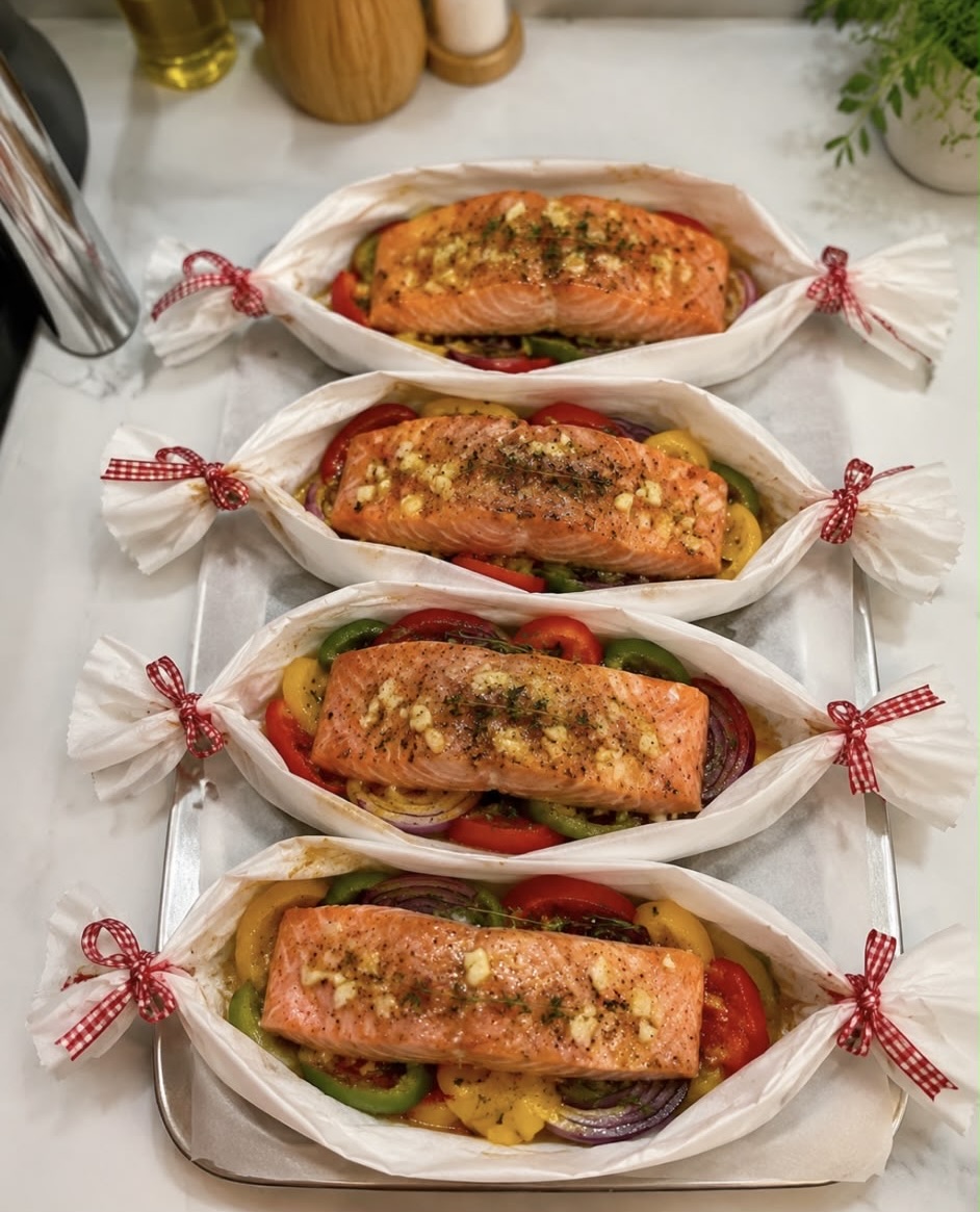 Salmon en papillote with vegetables