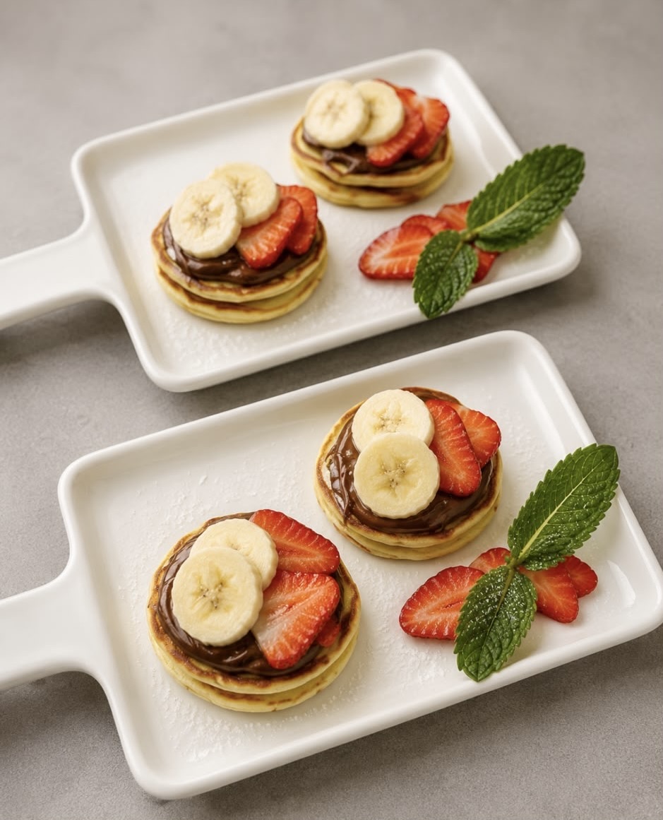 Mini pancakes with banana and strawberry